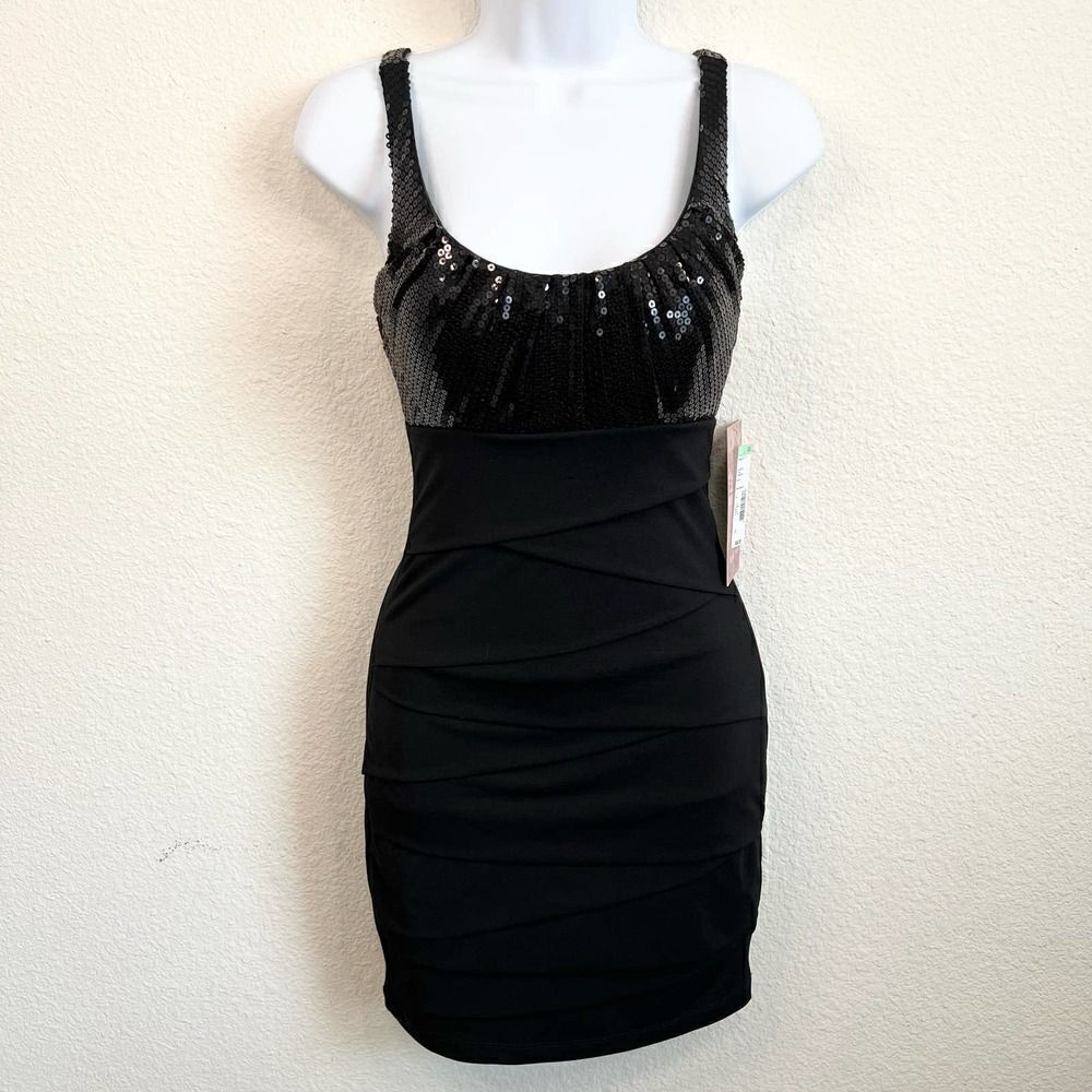 New Emerald Sundae Black Party Dress Women's S Layered Shiny Sequin Mini